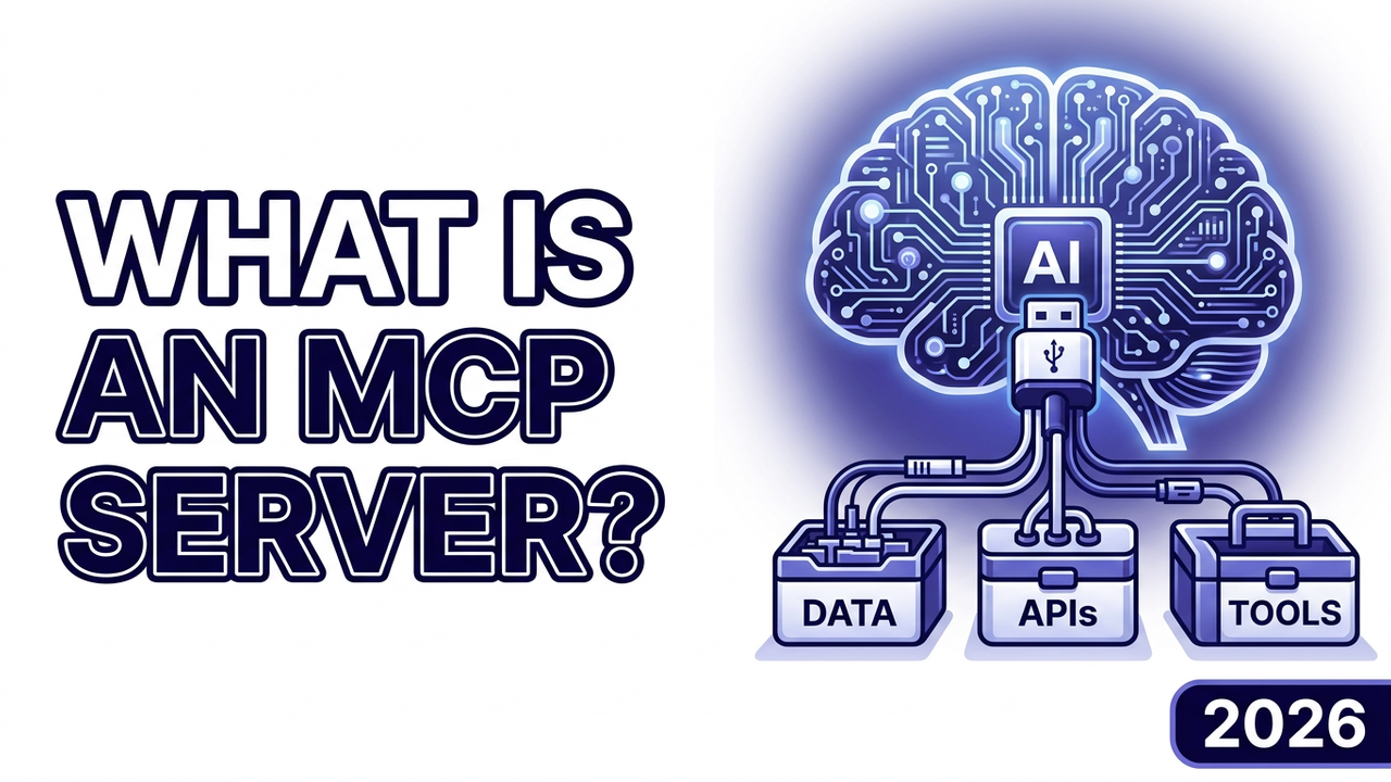 USB-C style connector plugging an AI brain into data, API, and tool boxes — thumbnail for a 2026 guide to what an MCP server is