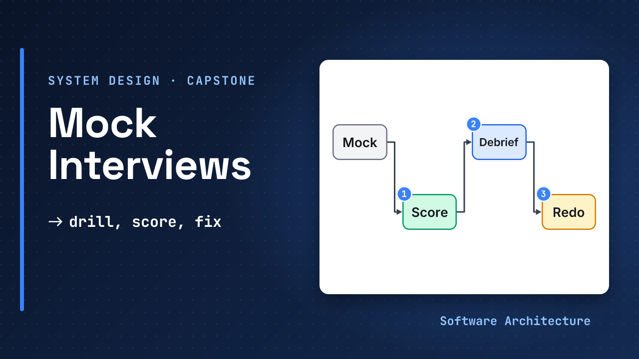 Mock Interview Guide, system design lesson: a practise, score, debrief and redo loop drawn as four connected steps