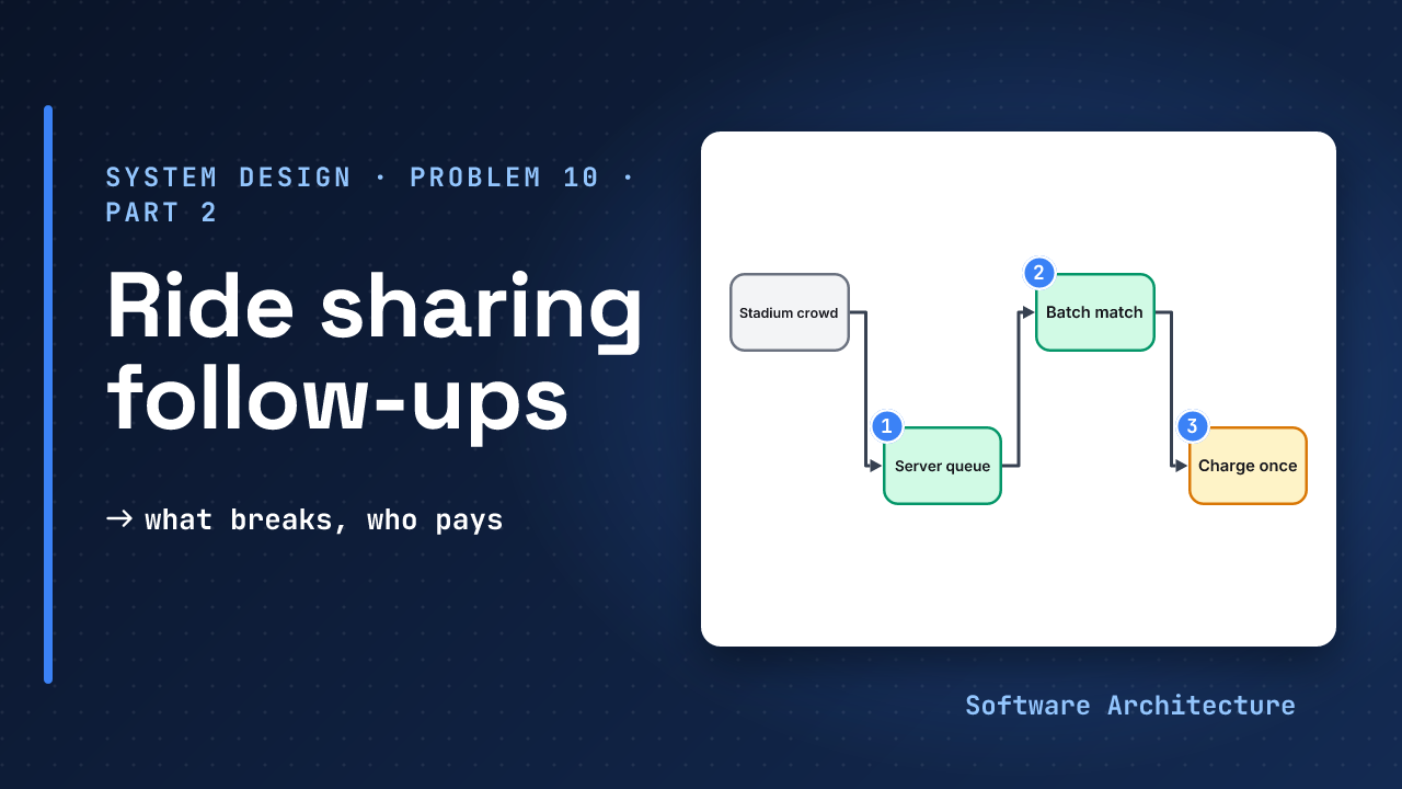 Ride-sharing follow-ups: a failure table for the location index, matcher and ride store, a stadium crowd on one hot cell, and a smoothed surge multiplier