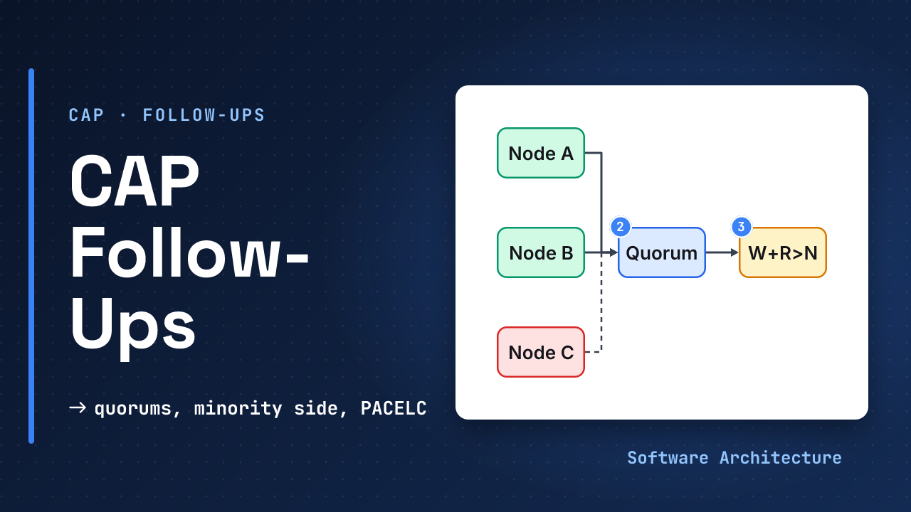 CAP follow-ups companion lesson: a three-replica quorum and a five-node cluster split into a majority and a minority, beside the line quorums, models, PACELC