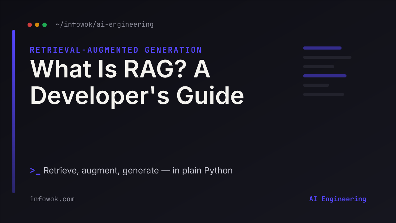 Dark code-style banner for a retrieval-augmented generation developer's guide, titled "What Is RAG? A Developer's Guide" with the subtitle "Retrieve, augment, generate — in plain Python"