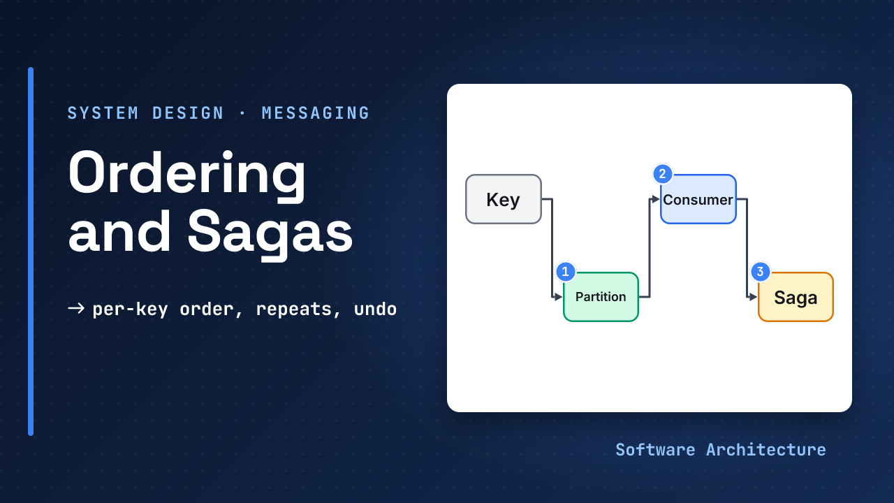 Message ordering and transactions, system design lesson: one key maps to one partition so order holds, a rebalance can repeat work with no crash, and a saga undoes earlier steps with compensating steps