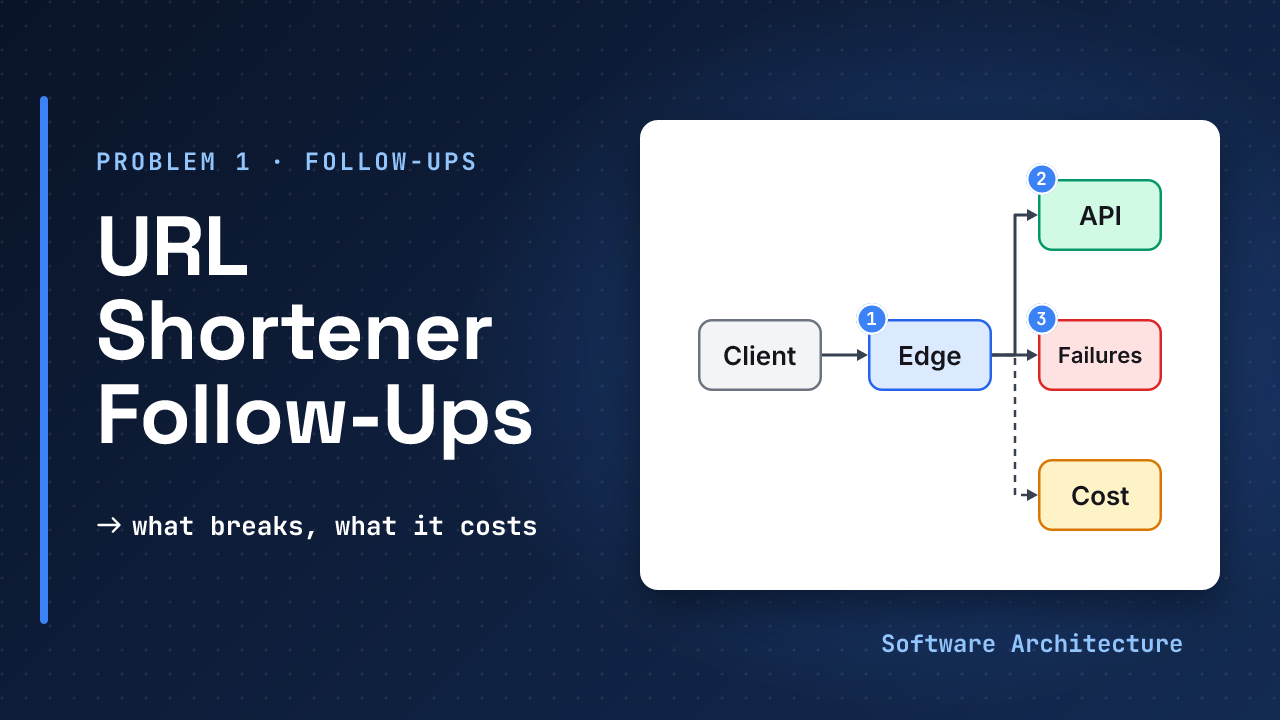 URL shortener follow-ups, system design problem 1 companion: a client reaches an edge and a service, with failure, API and cost probes branching off, beside the line what breaks, what it costs