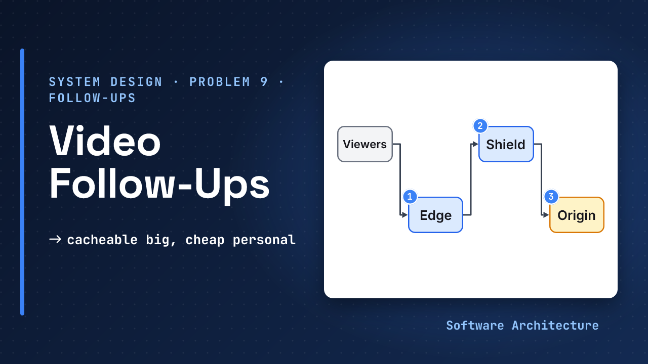 Video streaming follow-ups: a premiere stampede is absorbed by edge and shield caches so origin sees ten requests, beside a licence flow and a live latency scale, under the line protect it, measure it, price it