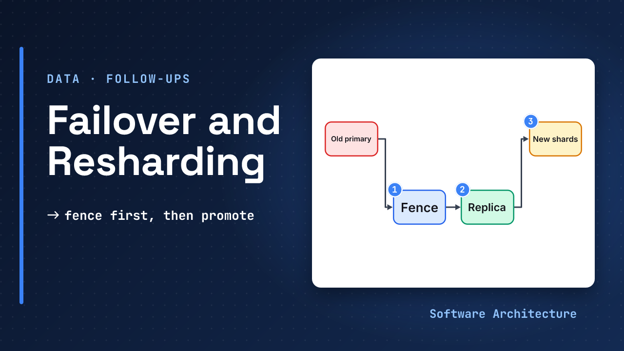 Sharding and replication follow-ups, system design companion: a primary that failed, a replica being promoted and shards being rebalanced, beside the line what breaks and how data moves