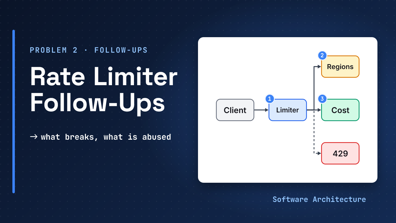 Rate limiter follow-ups, system design problem 2 companion: a limiter in the middle with failure, abuse and cost probes around it, beside the line what breaks, what is abused, what it costs