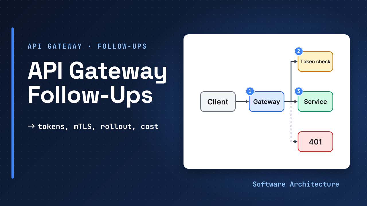 API gateway follow-ups companion lesson: a gateway in the middle with token checks, mTLS, canary rollout, cost and multi-region probes around it, beside the line what breaks, what is trusted, what it costs