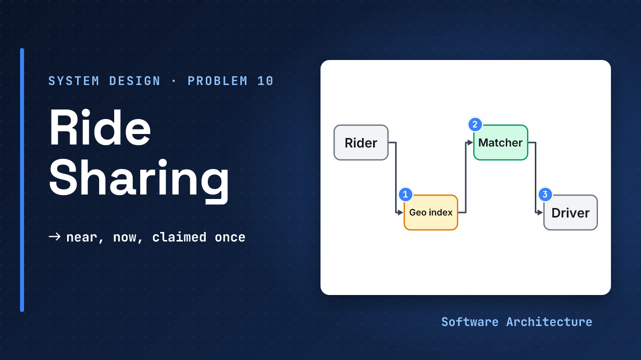 Ride-sharing service, system design problem 10: a rider request is matched against a live geo index of drivers and offered to one driver, beside the line near, now, claimed once