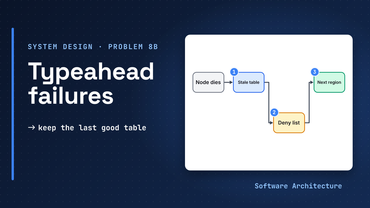 Typeahead search, production depth: a dead node, a stale table and a bad suggestion each get a named fallback, beside the line keep the last good table