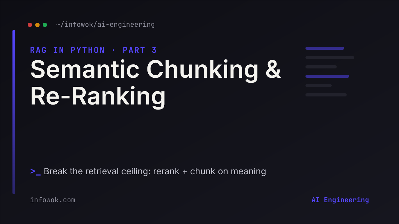Dark code-style banner reading Semantic Chunking and Re-Ranking, RAG in Python Part 3, with the subtitle break the retrieval ceiling — rerank and chunk on meaning