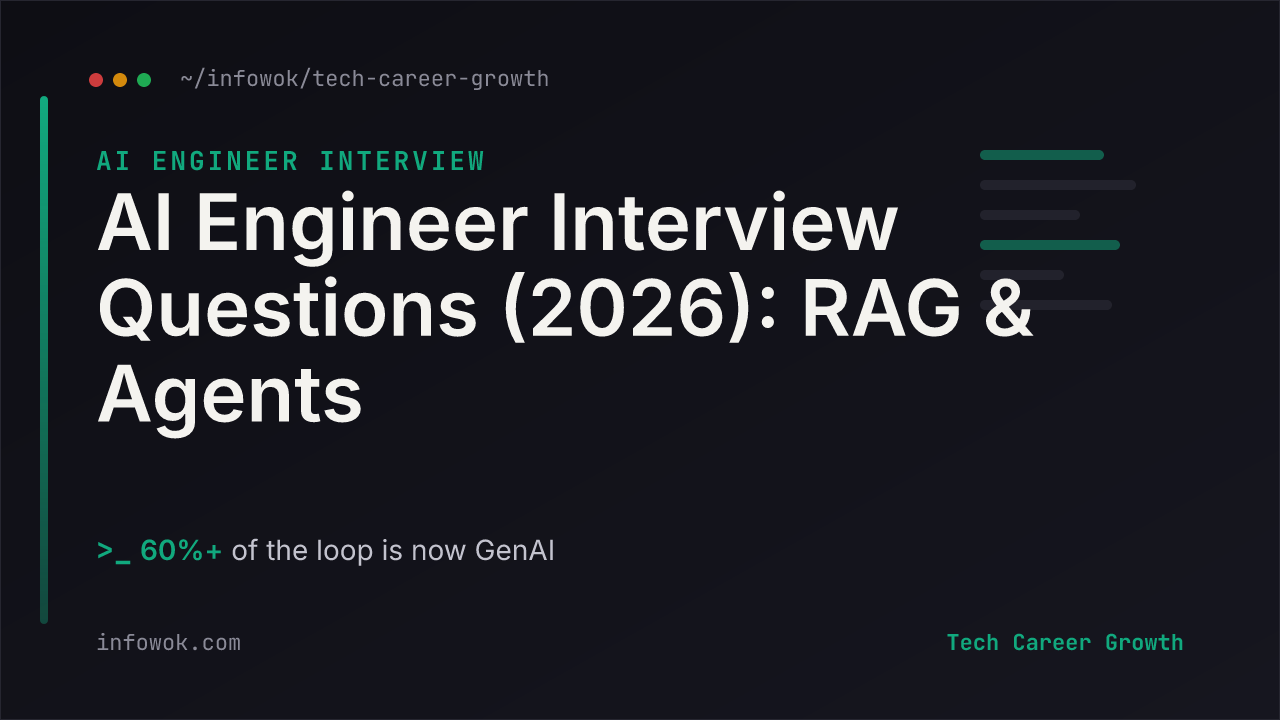 Title card reading 'AI Engineer Interview Questions 2026: RAG & Agents', noting 60%+ of the loop is now GenAI