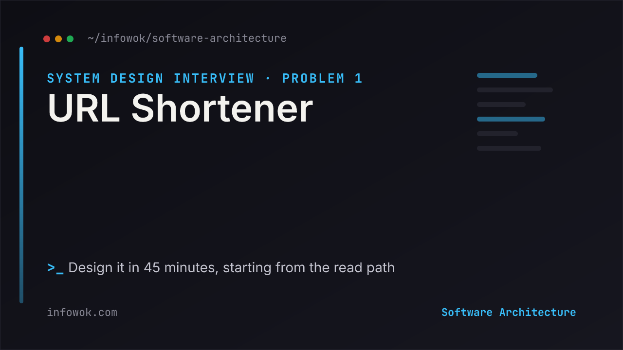 Dark terminal-style card titled URL Shortener, problem 1 of the system design interview course, with the line design it in 45 minutes, starting from the read path