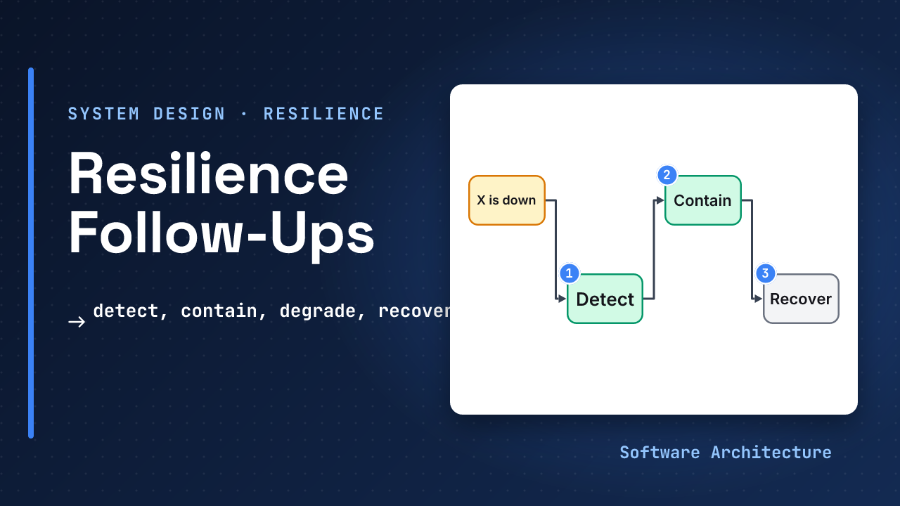 Resilience follow-ups: a dependency marked down with four steps beside it, detect, contain, degrade and recover, under the line what happens when it is down