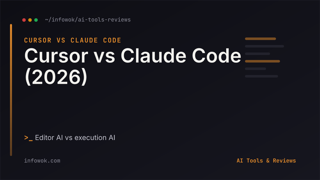 Title card reading 'Cursor vs Claude Code 2026' in the AI Tools & Reviews section, comparing the AI code editor against the terminal coding agent