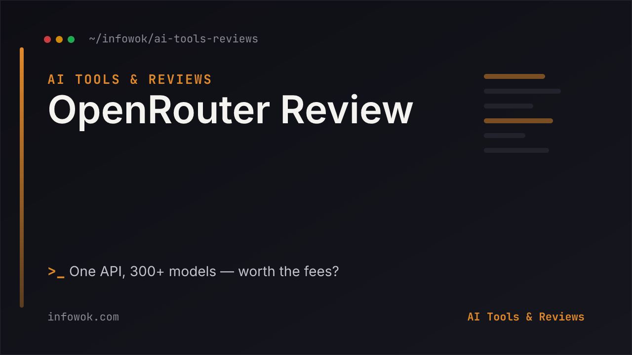 OpenRouter review 2026 title card in the AI Tools & Reviews section, evaluating the unified LLM API gateway and its real costs