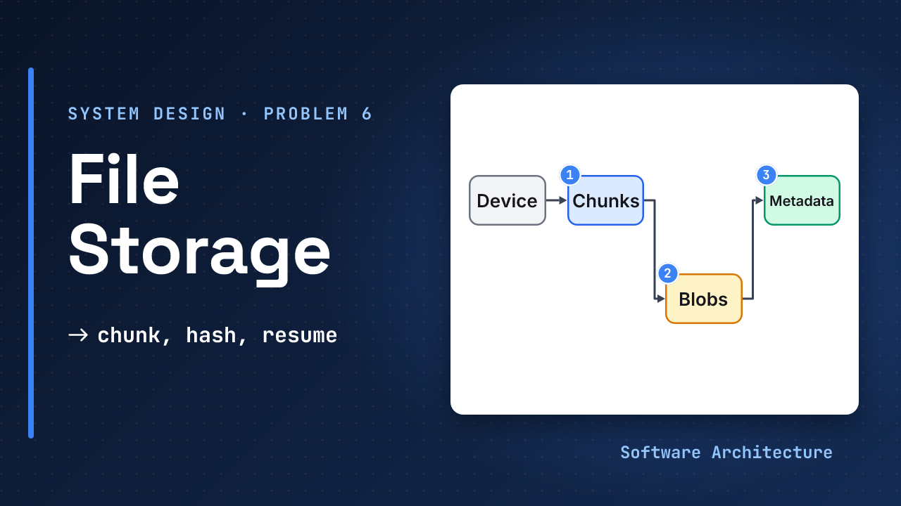 File storage service, system design problem 6: a device splits a file into chunks that go to object storage while a metadata database records which chunks make the file, beside the line chunk, hash, resume
