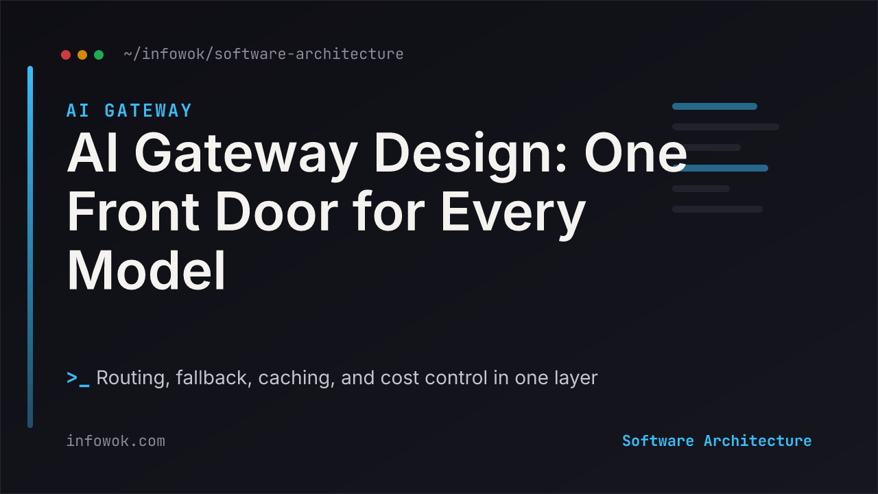 AI gateway architecture diagram: a web app, an AI agent, and a batch job on the left all call one AI gateway — unified API, routing and fallback, semantic cache, guardrails, and cost metering — which forwards to OpenAI, Anthropic, and local models on the right, governed by the control plane above