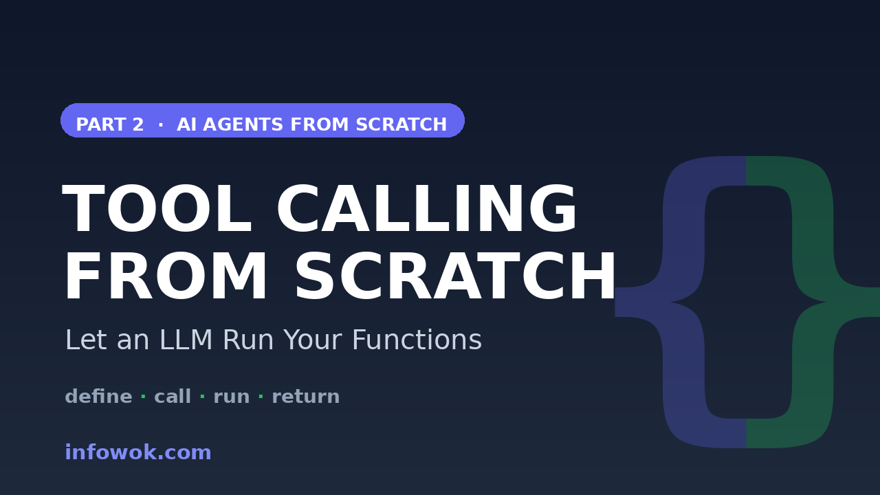 Part 2 banner for tool calling from scratch in Python with the subtitle Let an LLM Run Your Functions and a two-tone braces motif on a dark background