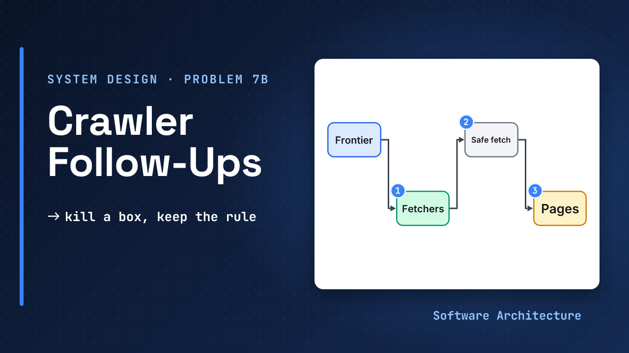 Web crawler follow-ups, system design problem 7 part 2: fetchers, a frontier and a pages store with a shield, beside the line what breaks, what is safe
