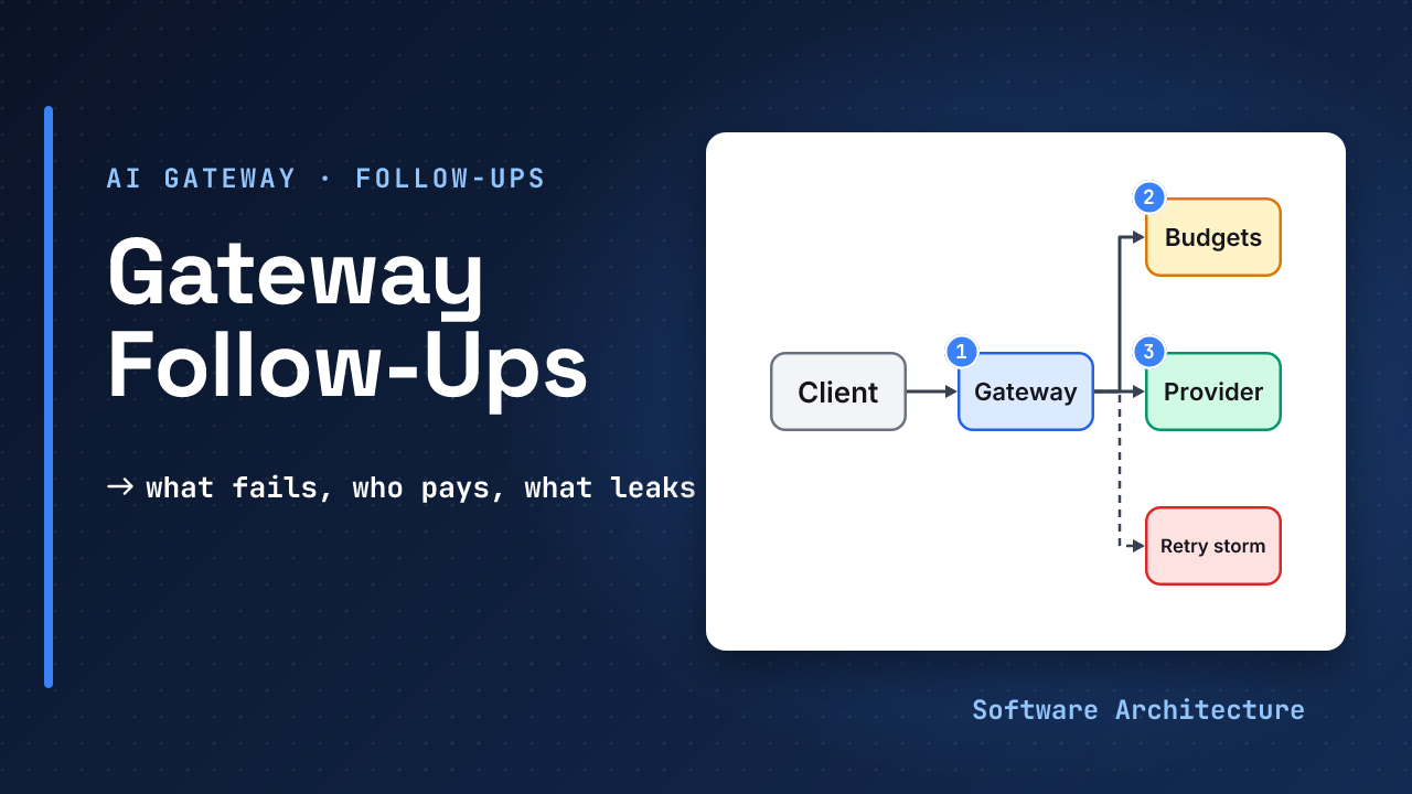 AI gateway follow-ups companion: a gateway in the middle with retry storms, tenant budgets, streaming accounting and cache poisoning probes around it, beside the line what fails, who pays, what leaks