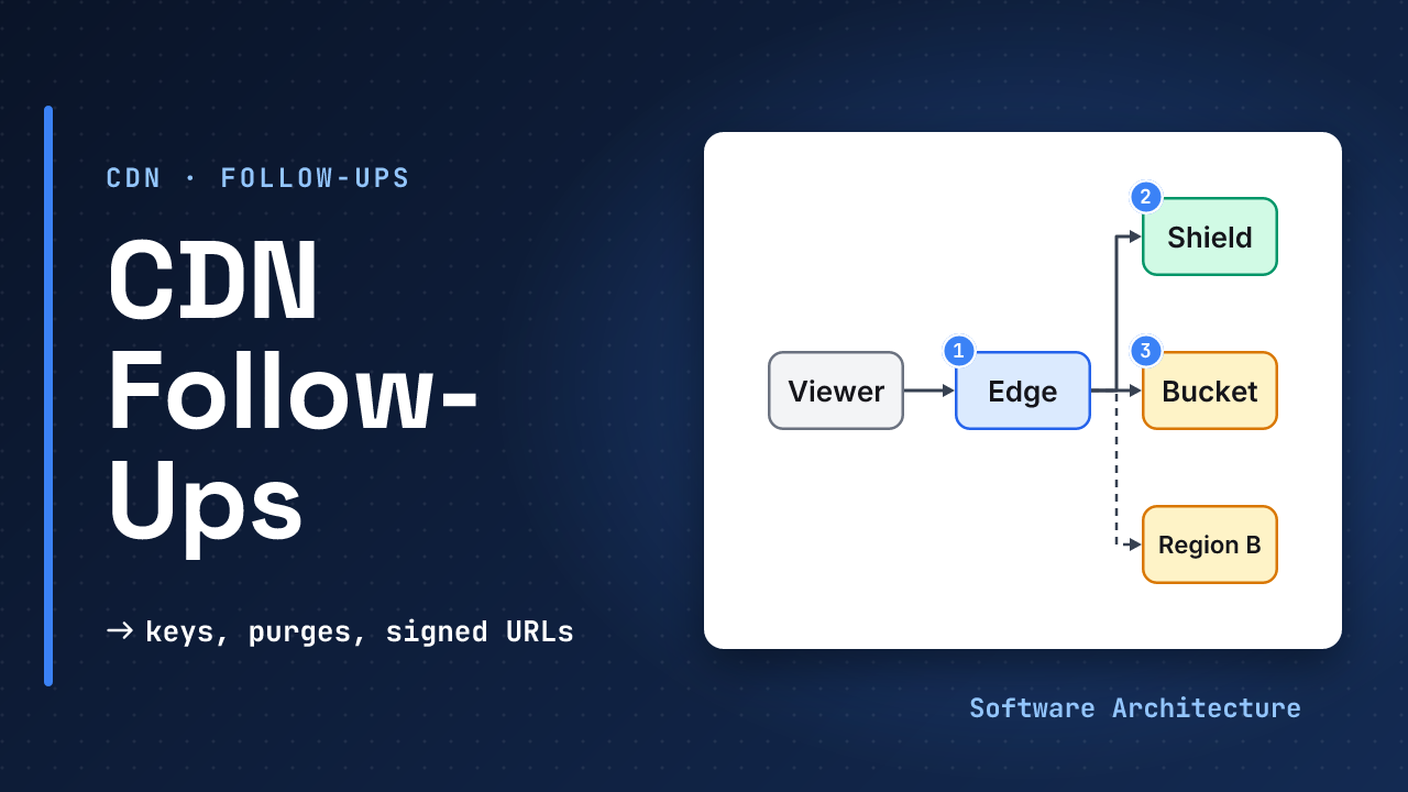 CDN and object storage follow-ups: a viewer reaches an edge cache that talks to a shield, a primary bucket and a backup bucket in another region, beside the line keys, purges, signed URLs