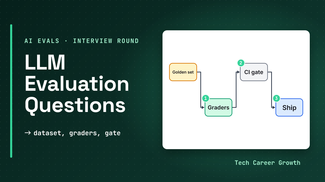 Title card for LLM Evaluation Interview Questions 2026, strong vs weak answers, part of the AI Engineer Interview Prep series