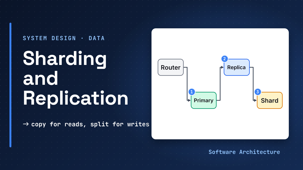 Database sharding and replication, system design lesson: replicas copy the same data to scale reads, shards split the data to scale writes, beside the line copy for reads, split for writes