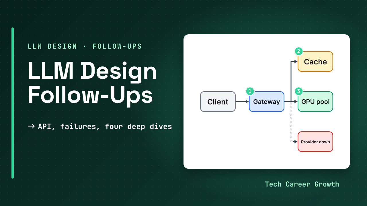 LLM system design follow-ups companion: a chatbot serving design in the middle with API, failure, regions and abuse probes around it, beside the line the follow-ups interviewers ask next
