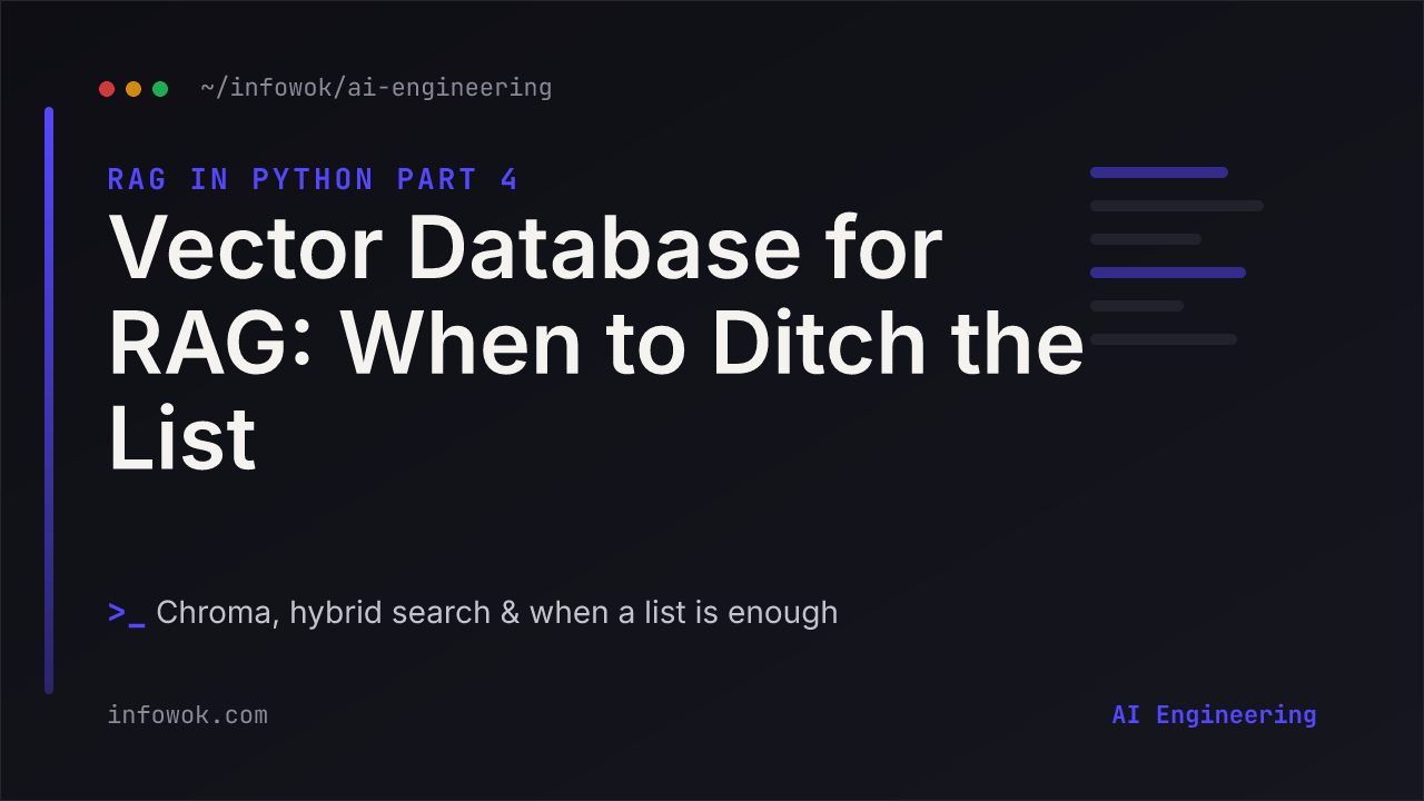 Dark code-style banner reading Vector Database for RAG, When to Ditch the List, RAG in Python Part 4, with the subtitle Chroma, hybrid search and when a list is enough
