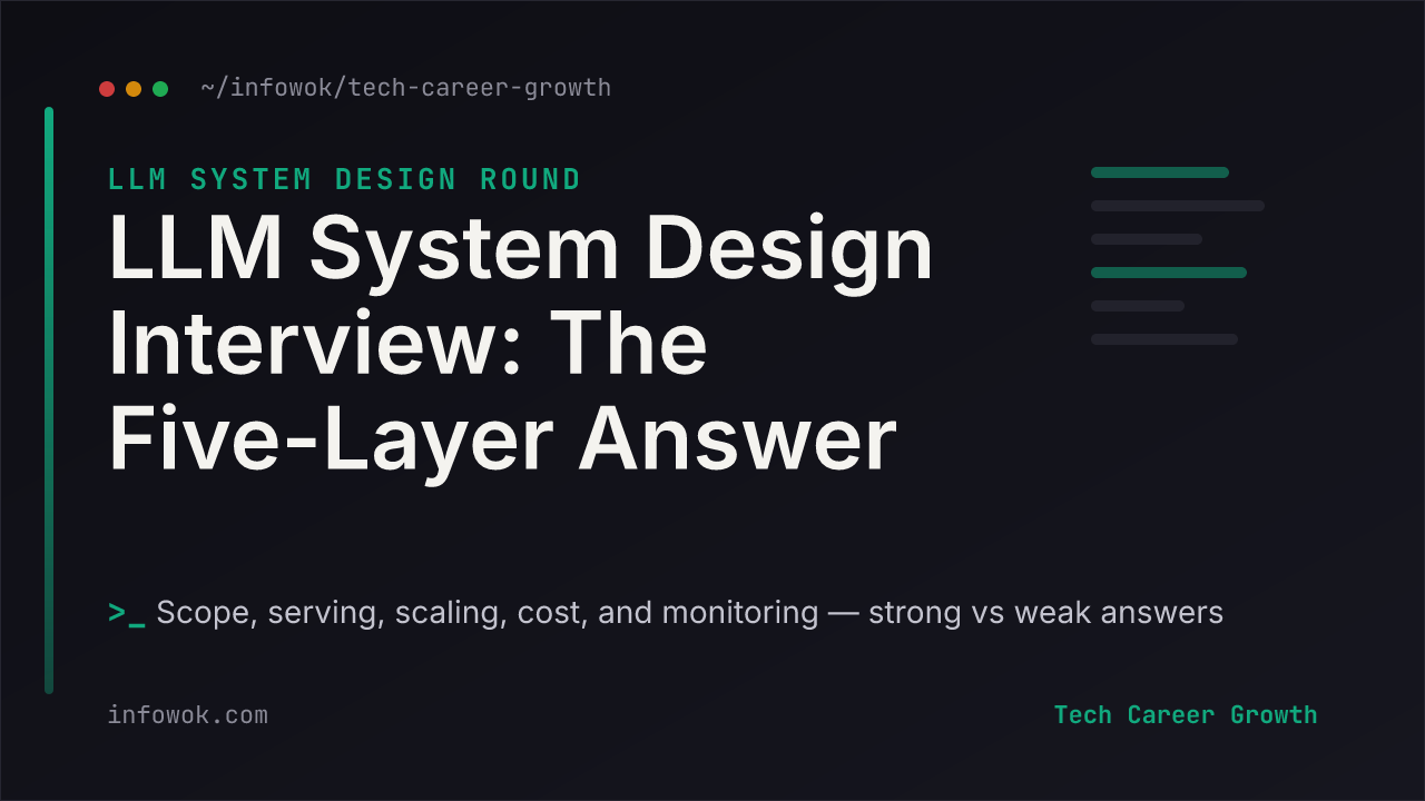 Title card for an LLM system design interview round, the five-layer answer framework, strong vs weak answers, part of the AI Engineer Interview Prep series