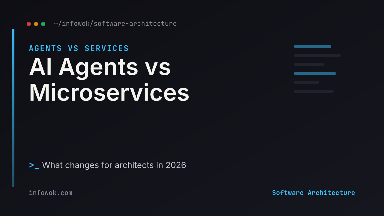 AI agents vs microservices: split banner comparing a traditional service with a fixed request-to-response path against an AI agent that loops between reason, act, and observe, on a dark background