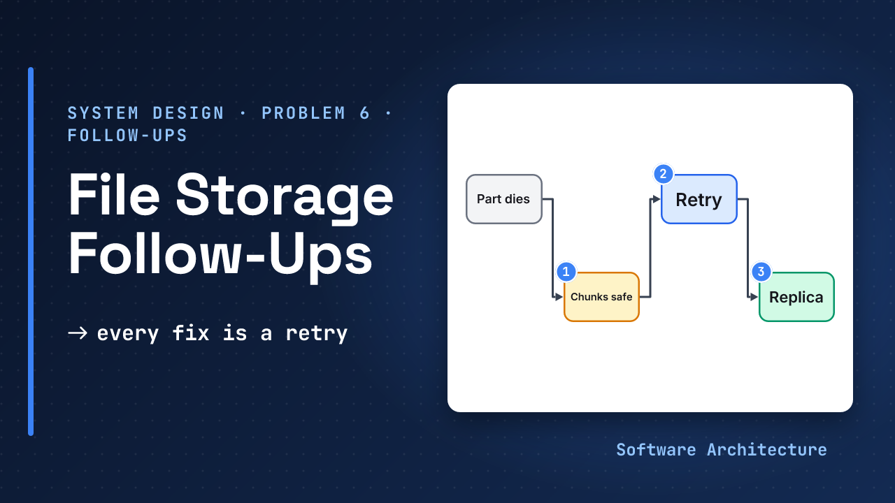 File storage service follow-ups, system design problem 6 companion: a failure map pairs each broken part, such as a metadata primary or a storage zone, with the small answer that saves it, beside the line plan for the failure