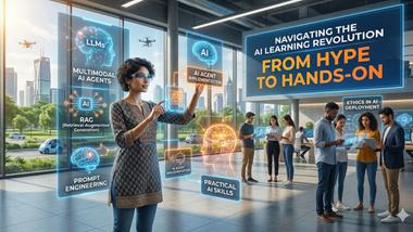 Navigating the AI learning revolution in 2026 — a learner exploring holographic panels for LLMs, RAG, prompt engineering, and practical AI skills