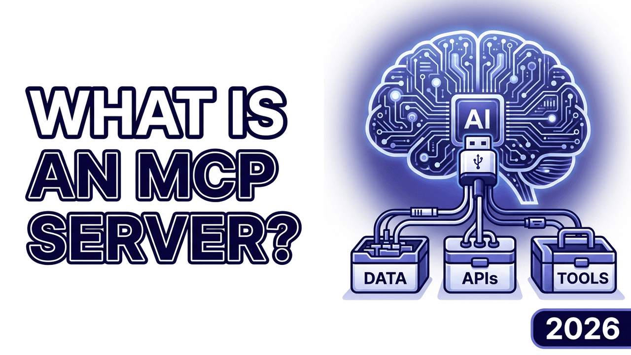 USB-C style connector plugging an AI brain into data, API, and tool boxes — thumbnail for a 2026 guide to what an MCP server is