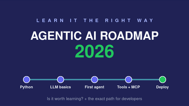 Agentic AI roadmap 2026 banner showing a five-stage learning path with milestones from Python to LLM basics, a first agent, tools and MCP, and deploy