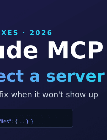 Claude MCP setup thumbnail — a dark screen showing a claude_desktop_config.json mcpServers snippet and a padlock, titled "Connect a server and every fix when it won't show up"