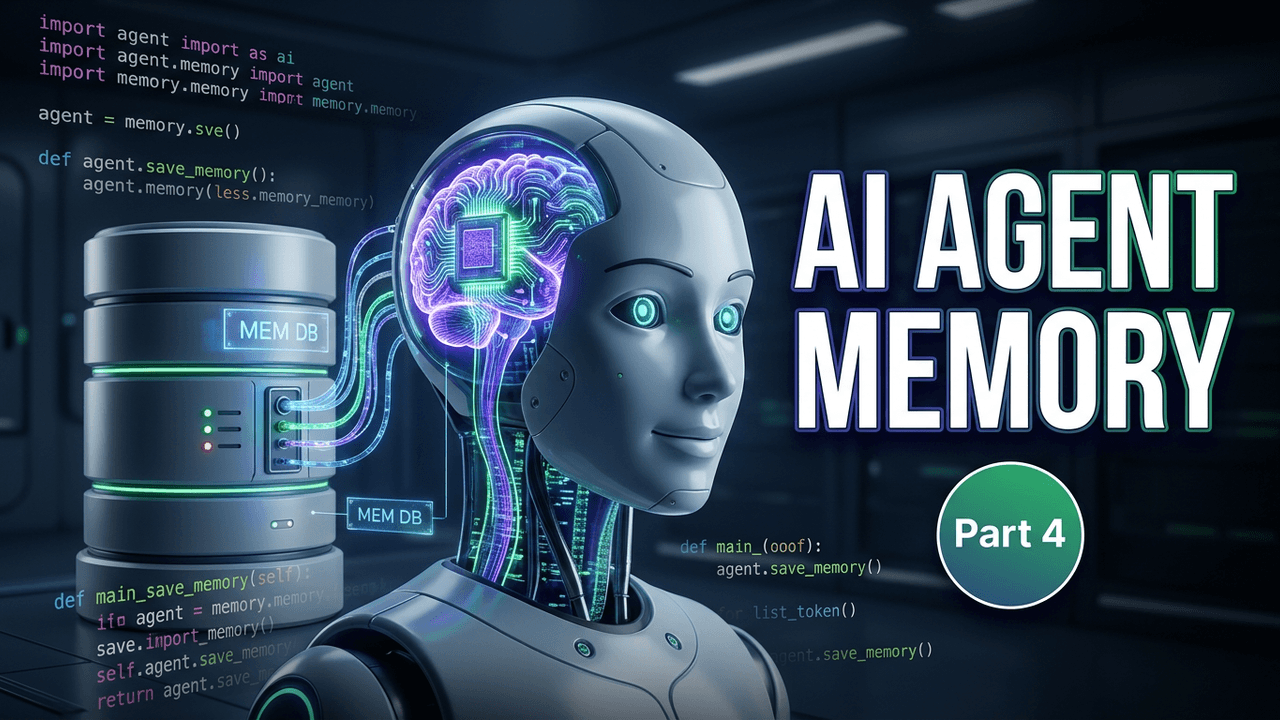 Robot with a glowing memory chip wired to a database — AI agent memory in Python, Part 4 of the agentic AI series