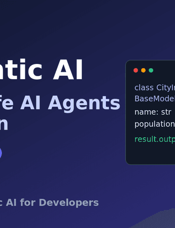 Pydantic AI tutorial title beside a Python code card showing a typed BaseModel and a validated result.output with a green check